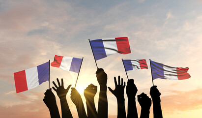Poster - Silhouette of arms raised waving a France flag with pride. 3D Rendering