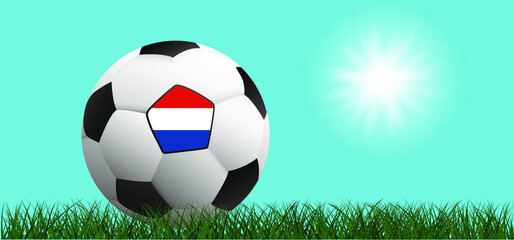 Wall Mural - Football with the flag of the Netherlands on green soccer grass field. Flat vector wk, ek background banner. Sport finale or school, sports ball game cup. Summer, spring time. Hollland, orange 2021