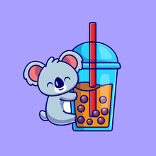Cute Koala Hug Boba Milk Tea Cup Cartoon Illustration