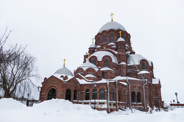 Wall Mural - Main facade of Cathedral of Our Lady of Joy of All Who Sorrow in Sviyazhsk, near Kazan, Russia. Temple built in Byzantine style at beginning of XX. Main church of John The Baptist Monastery