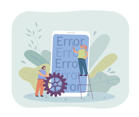 Poster - Tiny people fixing phone application errors. Female character with screwdriver on ladder, woman with gear flat vector illustration. Software development, programming concept for banner, website design