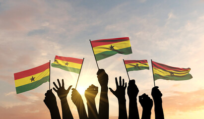 Poster - Silhouette of arms raised waving a Ghana flag with pride. 3D Rendering