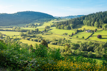 landscape with hills and blue sky, uk, offa dyke the long old path on the border between wales and e