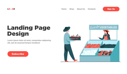 Poster - Happy farmers selling fresh vegetables. Fruit, nutrition, meal flat vector illustration. Agriculture and healthy food concept for banner, website design or landing web page