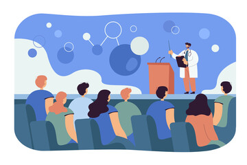 Poster - Cartoon doctor talking to audience at medical seminar. Scientist or pharmacist at conference flat vector illustration. Healthcare, medicine, communication concept for banner, website design