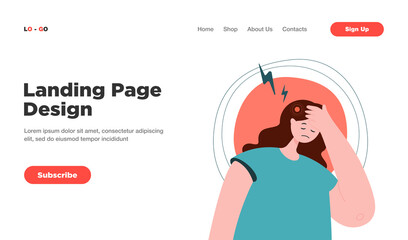 Poster - Sad woman suffering from headache. Tired female with migraine, pain, stress from work flat vector illustration. Headache, burnout, health problem concept for banner, website design or landing web page