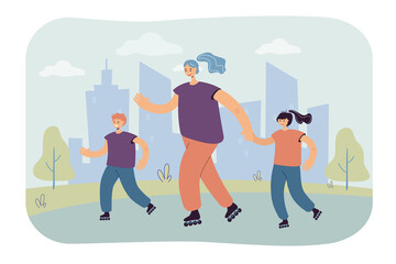 Poster - Mother going rolling skating with children. Female character spending time with son and daughter, holding girl by hand. Everyone smiling. Healthy lifestyle concept for banner, website design