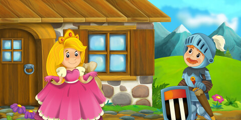 Wall Mural - cartoon farm house with happy knight and princess