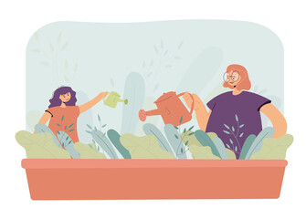 Poster - Mother and daughter watering plants in garden. Woman and girl with watering cans pouring water on flowers flat vector illustration. Family, gardening concept for banner, website design or landing page