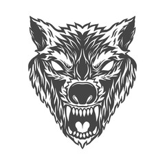 Poster - Illustration of angry wolf head in monochrome style. Design element for logo, label, sign, emblem, poster. Vector illustration