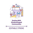 Dealing with disadvantaged communities concept icon. Development target abstract idea thin line illustration. Groups with economic backwardness. Vector isolated outline color drawing. Editable stroke