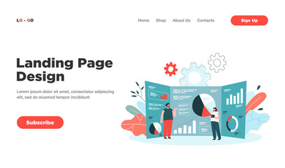 Poster - Cartoon tiny analysts and giant research dashboard with data. Flat vector illustration. Young people studying business strategy. Business, analysis, research concept for banner design or landing page