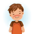 Boy shy portrait of feel shy boy smiling and biting his teeth for childhood. Cartoon character vector illustration isolated on white background.