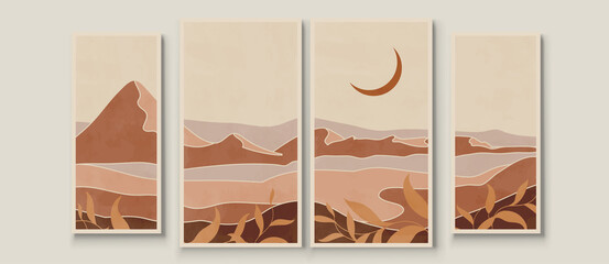 Wall Mural - Abstract landscape composition art with sun and moon. Earth tones colors wall art. Soft color painting house decor. Minimalistic background design. Vector illustration.
