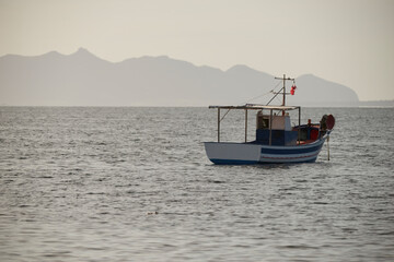 fishing boats in the background with piles of posidonia algae on the Mediterranean islands