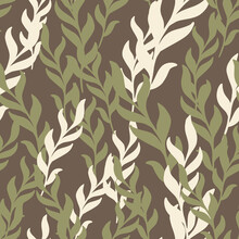 Random Seamless Pattern With Doodle Seaweed Flora Ornament. Brown Background. Aqua Print.