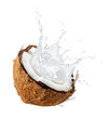 Fresh coconut milk splash with coconuts isolated. Vegetarian milk, smoothie, cream