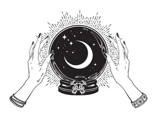 Wall Mural - Magic crystal ball with crescent moon and stars in hands of fortune teller line art and dot work. Boho chic tattoo, poster or altar veil print design vector illustration