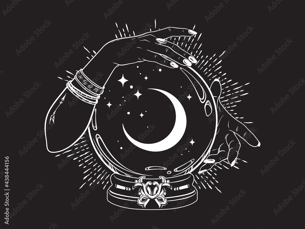 Magic crystal ball with crescent moon and stars in hands of fortune ...