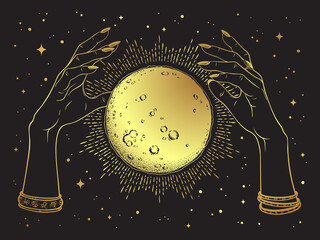 Wall Mural - hand drawn gold full moon with rays of light in hands of fortune teller line art and dot work. boho 
