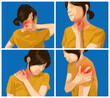 Pain and injuries in body parts. woman is feeling pain in neck, throat, trapezius and shoulder.