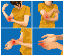Pain And Injuries In Body Parts. Woman Is Feeling Pain In Elbow, Wrist And Finger. 