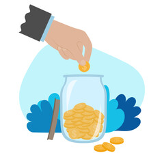 Hand dropping gold dollar in glass jar with coins. Investing, income, saving money concept. Vector illustration