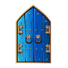 Wall Mural - Old fairytale door with forged handles. A double-leaf door painted with blue paint with gold metal decorations. Fairy tale door to a magical land. Vector illustration isolated on a white background.