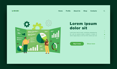Poster - Cartoon tiny analysts and giant research dashboard with data. Flat vector illustration. Young people studying business strategy. Business, analysis, research concept for banner design or landing page