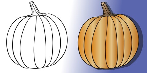 A set of two pumpkins in black and white and colored on a blue background. Vector illustration