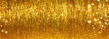 Festive Gold Tinsel Glitters. Web Banner, Background For Your Design