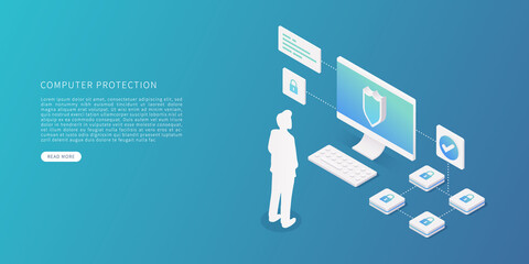 Computer data protection concept in flat isometric vector illustration. Computer data security with desktop computer, person, data, security system. Vector illustration.
