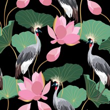 Abstract Illustration Of A White Red-headed Crane On A Black Background Of Pink Lotuses With Leaves. Seamless Floral Pattern For Fabric And Wallpaper.