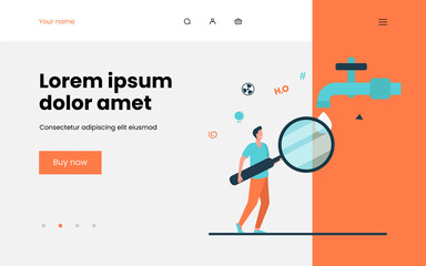 Water quality research. Man looking at water from tap through magnifying glass flat vector illustration. Chemistry, biology, safety concept for banner, website design or landing web page