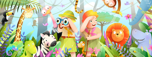 Kids and children jungle adventure with African animals in the wild, boy and girl explorers on adventure journey looking for animals. Horizontal banner for kids storytelling. Watercolor style vector.