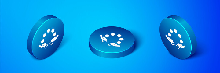 Sticker - Isometric Juggling ball icon isolated on blue background. Blue circle button. Vector