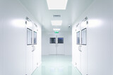 Fototapeta Na ścianę - Cleanroom in manufacturing pharmaceutical plant, Green epoxy system flooring, Sandwich Panel, door, and double glass window
