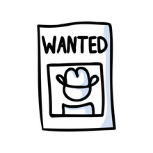 Black And White Drawn Stick Figure Of Cowboy Wanted Poster Clip Art. Wild Masculine Criminal For Monochrome Folk Icon Sketchnote Or Illustrated Scrapbook Vector Silhouette Motif. 