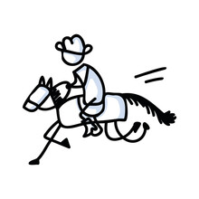 Black And White Drawn Stick Figure Of Cowboy Horseback Rider Clip Art. Wild Masculine Stallion For Monochrome Folk Icon Sketchnote Or Illustrated Scrapbook Vector Silhouette Motif.