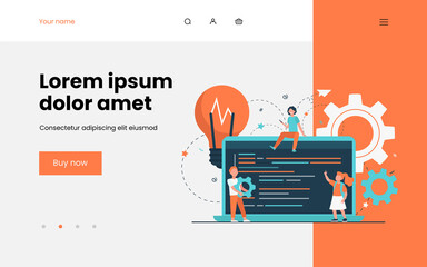 Tiny cute children learning coding. Laptop, bulb, program flat vector illustration. Programming or digital technology concept for banner, website design or landing web page