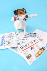 Poster - Cute dog with newspapers and glasses on color background