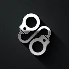 Sticker - Silver Handcuffs icon isolated on black background. Long shadow style. Vector