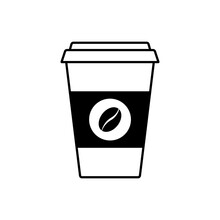 Black Coffee Cup Icon In Flat Line Style Isolated On White Background. Vector Illustration.