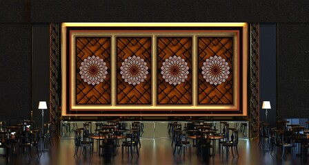 Wall Mural - 3d rendering interior of a cafe restaurant with table chair and wall panel decoration background