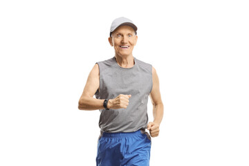 Wall Mural - Elderly man running and looking at the camera