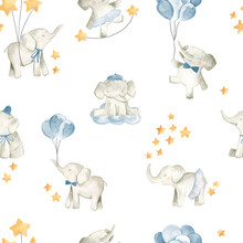 Baby Elephant Watercolor Illustration Nursery Seamless  Pattern For Boys 