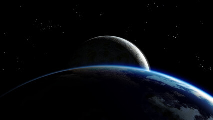 Poster - exoplanet and moon against a black background mottled with stars. 3d render / rendering