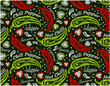 Sketch hand drawn pattern of red and green chili peppers isolated on green background. Outline drawing chilli wallpaper, spicy, hot mexican food, text, jalapeno, cayenne, serrano. Vector illustration.