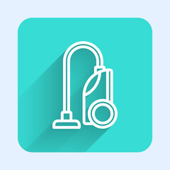 White line Vacuum cleaner icon isolated with long shadow background. Green square button. Vector
