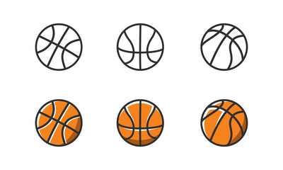 Set of 3 basketball outline icons and 3 flat icons. Basketball balls isolated on white background. Modern logo design. Vector illustration